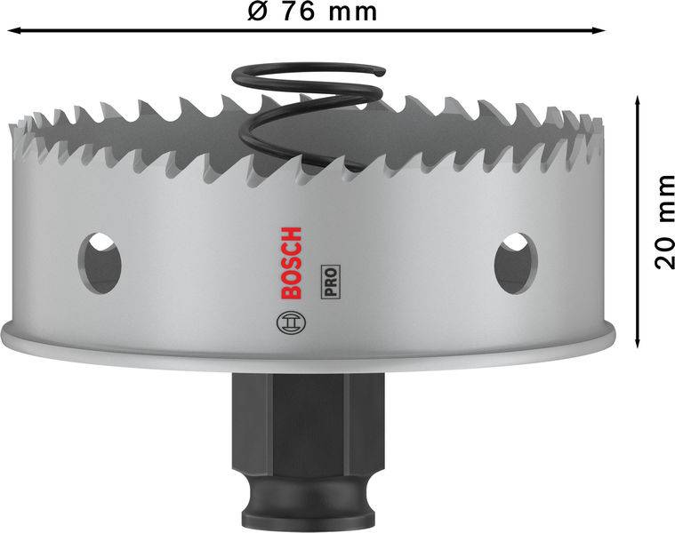 Lochsäge mit Durchmesser 76 mm und Höhe 20 mm, Marke Bosch, ideal zum Bohren großer Löcher in verschiedenen Materialien.