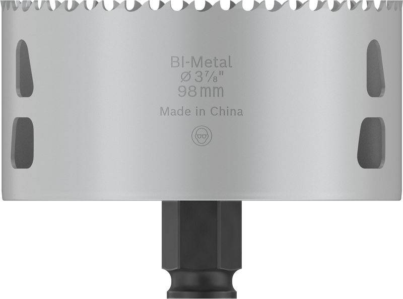 Bohrkrone aus Bi-Metall mit 98 mm Durchmesser, hergestellt in China. Sie hat gezackte Schneidezähne und ist zur Verarbeitung von Materialien geeignet.