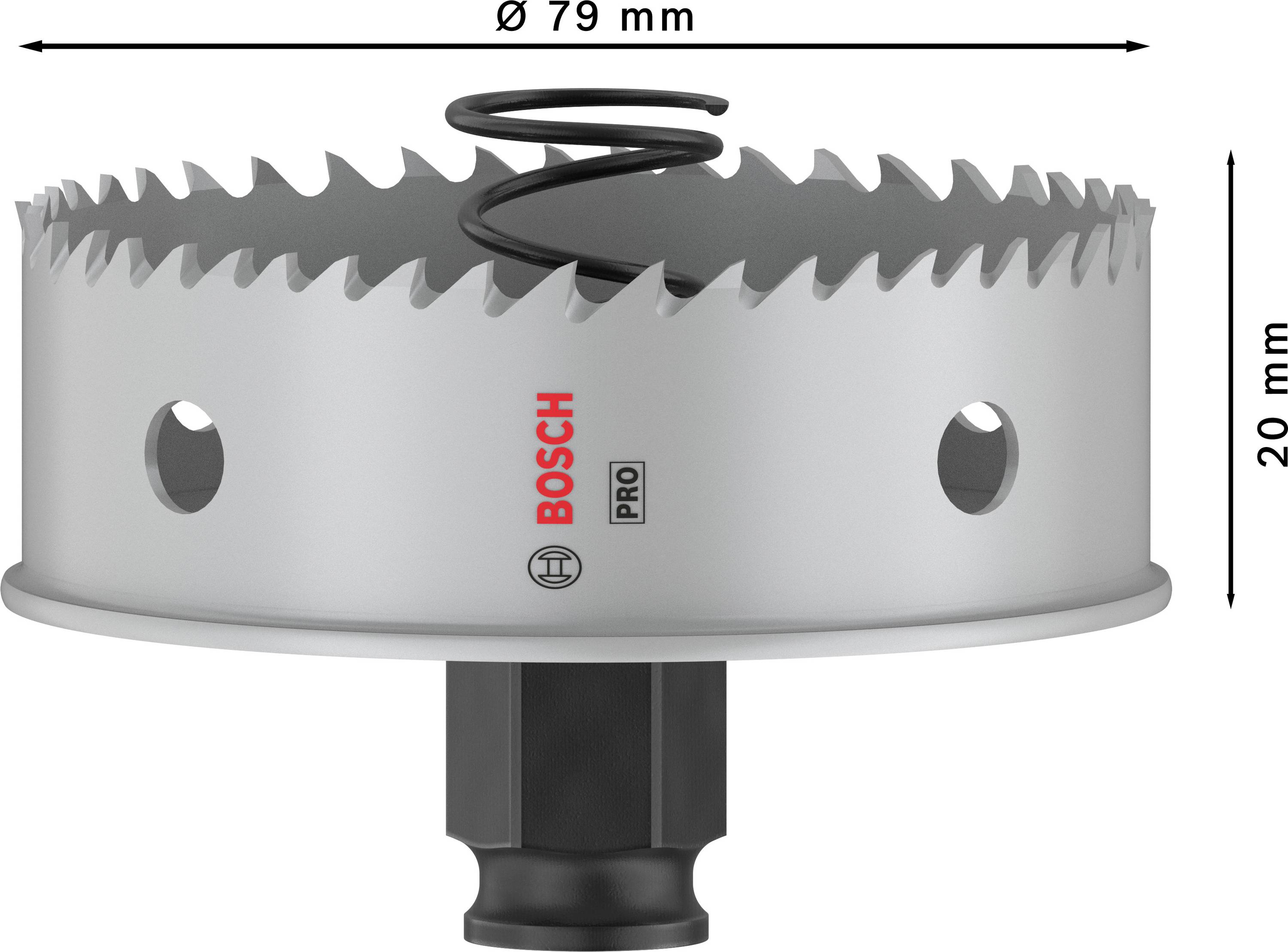 Metallsägekrone Bosch Pro, Ø 79 mm, Höhe 20 mm, zwei Seitenlöcher, Spiralfeder oben, geeignet für Bohrmaschinen.