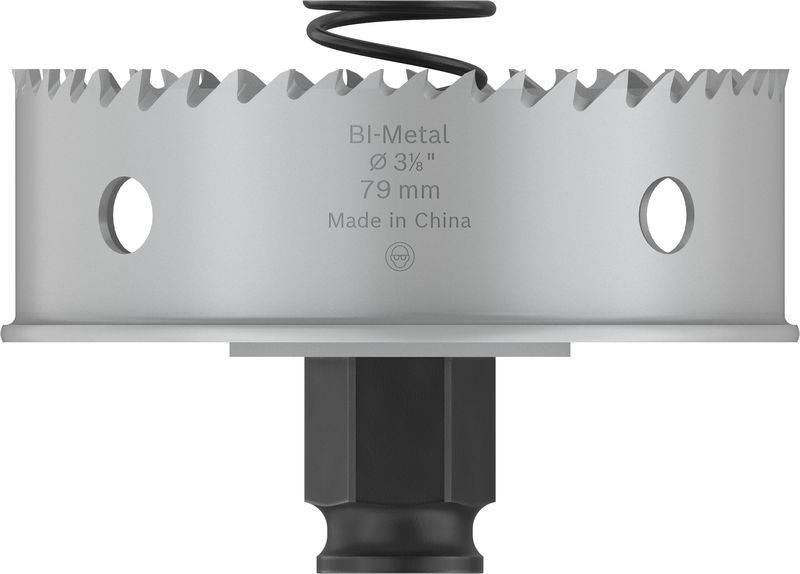 Bohrkrone mit 79 mm Durchmesser, Bi-Metall, geeignet zum Schneiden in Holz, Metall oder Kunststoff. Aufschrift: 'Made in China'.