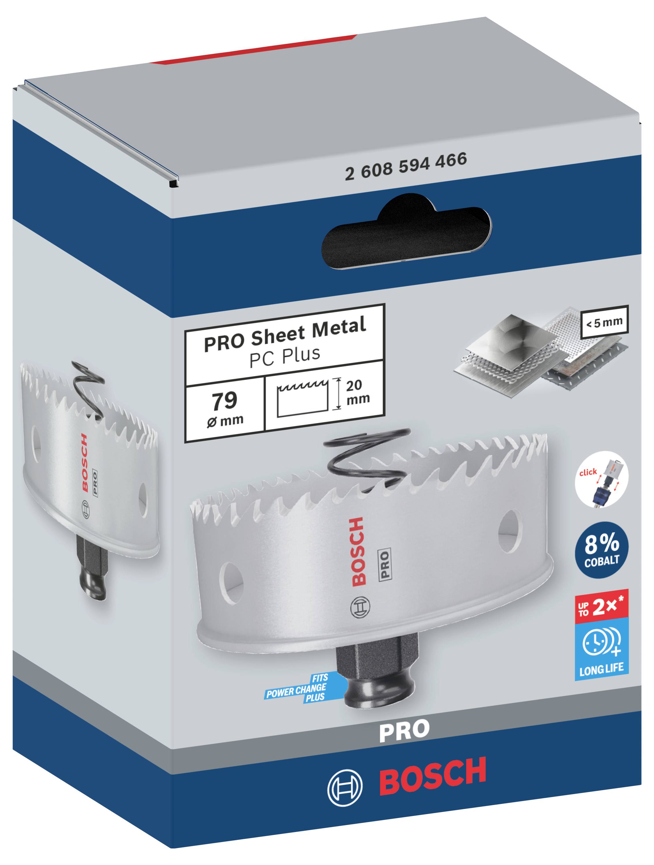 Verpackung für Bosch Pro Bimetall-Lochsäge, Durchmesser 79 mm, geeignet für Blech bis 5 mm, langlebig, 8% Kobaltlegierung.