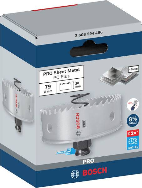 Verpackung einer Bosch Lochsäge für Pro PC Plus Blech, Durchmesser 79 mm, Länge 20 mm, geeignet für Metalle bis 5 mm, enthält 8% Kobalt.