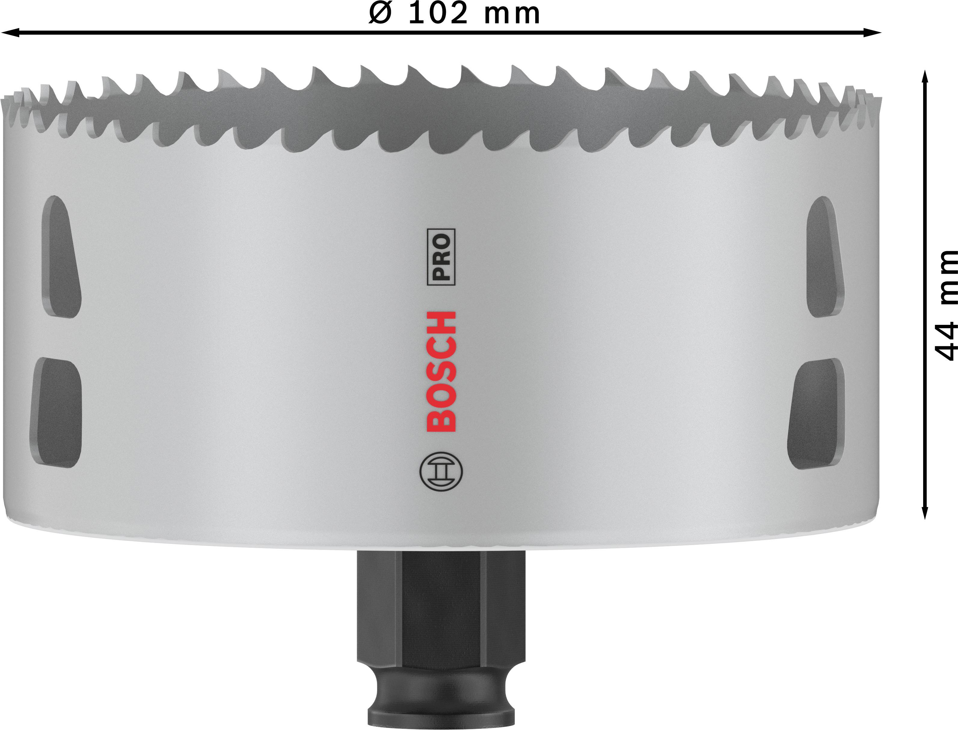 Bimetall-Lochsäge von Bosch mit 102 mm Durchmesser und 44 mm Höhe, geeignet für präzises Bohren in verschiedenen Materialien.