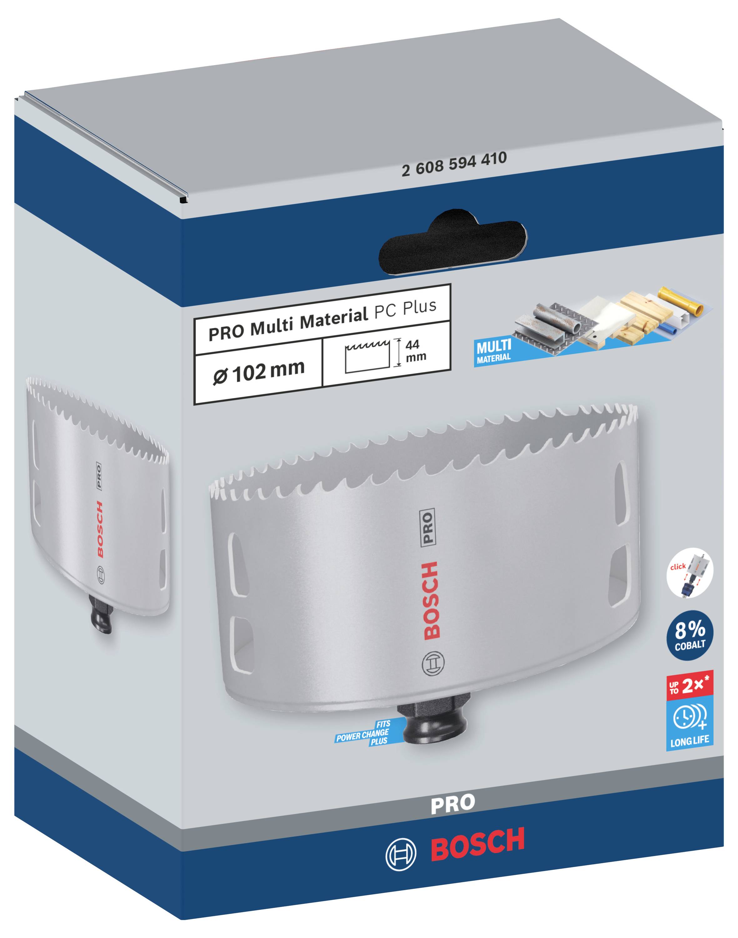 Kartonschachtel für Bosch PRO Multi Material PC Plus Lochsäge. Abgebildet sind die Säge, 'Ø 102 mm', und kompatible Materialien.