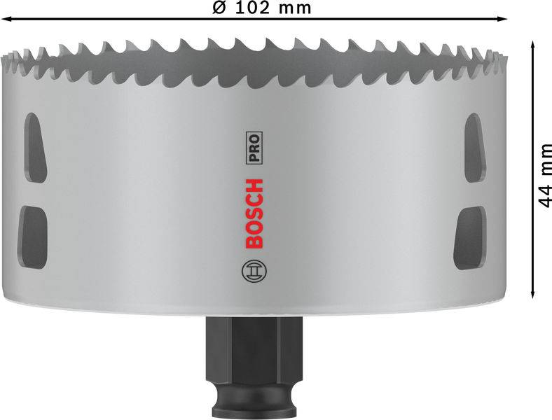 Bosch Lochsäge, Durchmesser 102 mm, Höhe 44 mm, mit Verzahnung und zentralem Befestigungsbohrer.