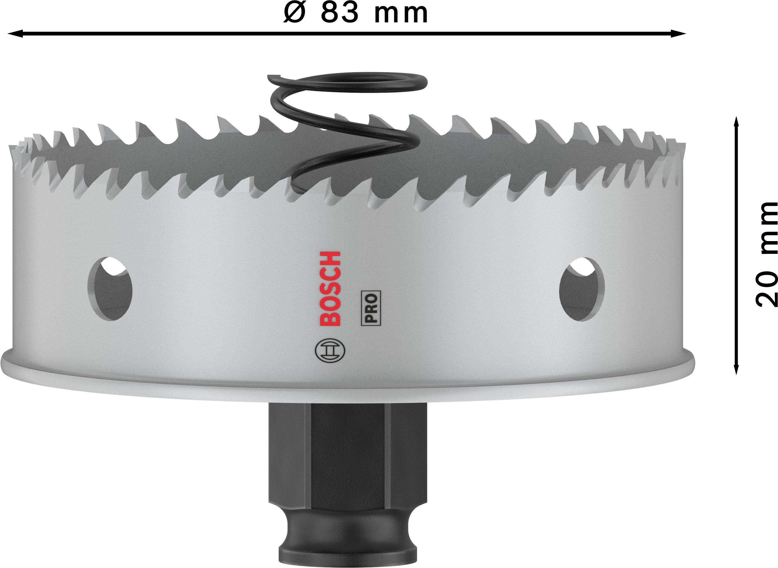 Lochsäge mit Durchmesser 83 mm und Höhe 20 mm, designed für professionelle Anwendungen, sichtbar mit Spiralfeder. Markenlogo auf der Säge.