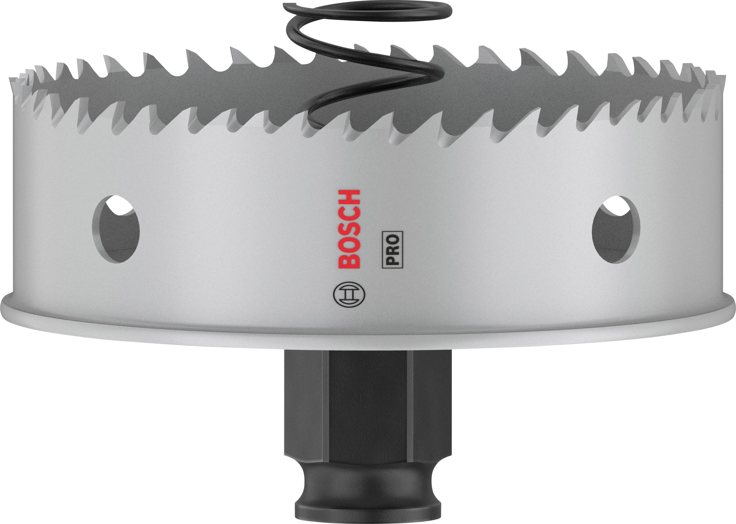 Metallsägekrone mit scharfen Zähnen und Feder, Markenname 'Bosch Pro', vor weißem Hintergrund.