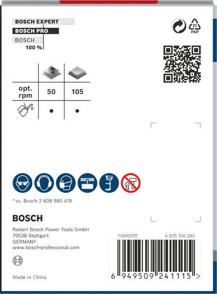 Verpackungslayout von Bosch Expert Schleifscheiben. Oben Details zum Produkt. QR-Code neben Recycling-Logo. Unten Bedienungssymbole und Herstellerinfo.