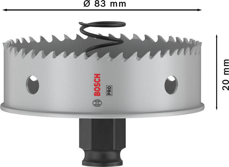 Kreissägeblatt mit Durchmesser von 83 mm, 20 mm Tiefe. Marke BOSCH PRO, silberfarben, mit grobem Zahnprofil.