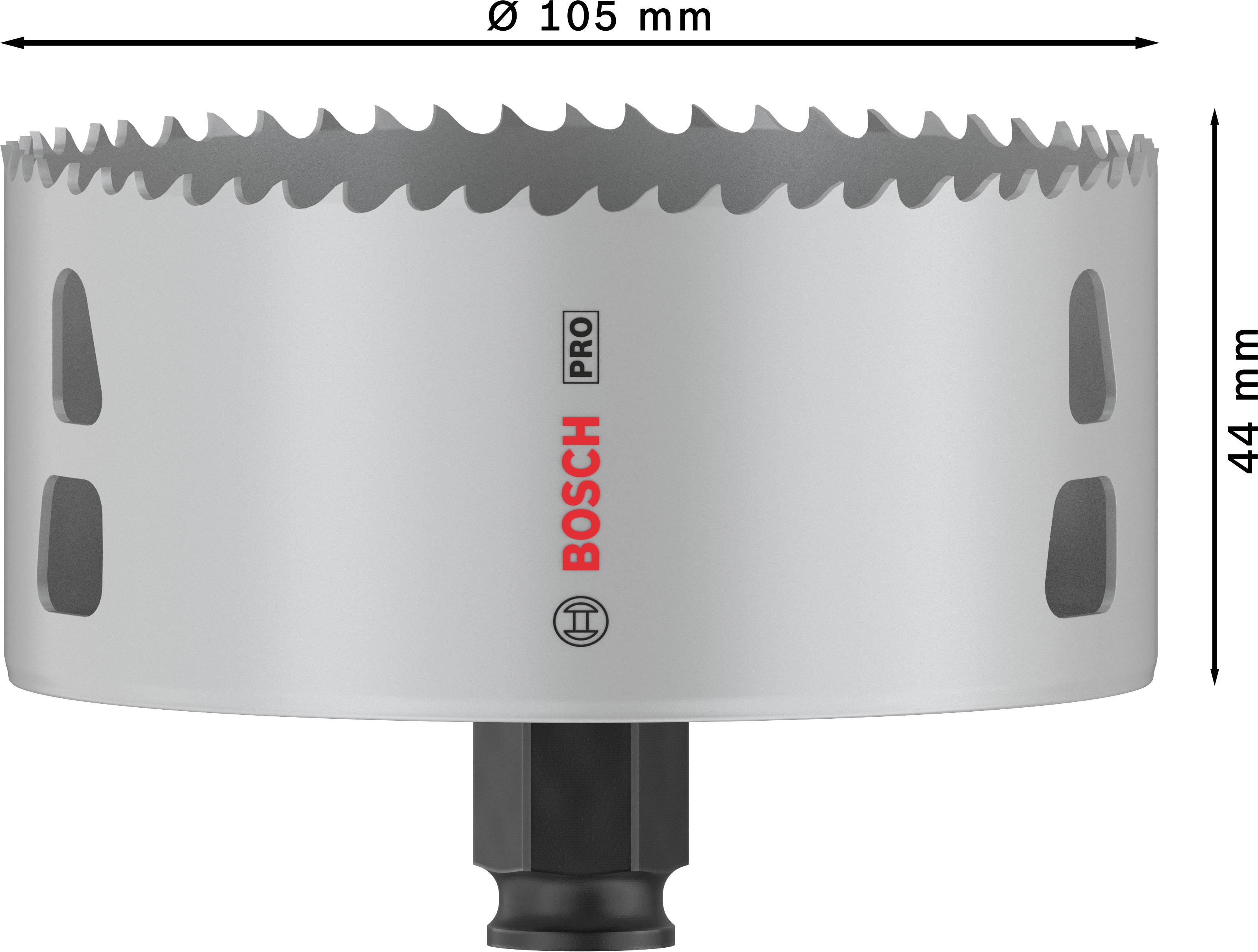 Ein Bosch Lochsäge-Aufsatz mit einem Durchmesser von 105 mm und einer Höhe von 44 mm.