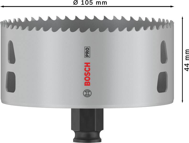 Lochsäge von Bosch mit 105 mm Durchmesser und 44 mm Höhe. Graues Gehäuse mit Zähnen am Rand, Beschriftung centriert auf der Oberfläche.