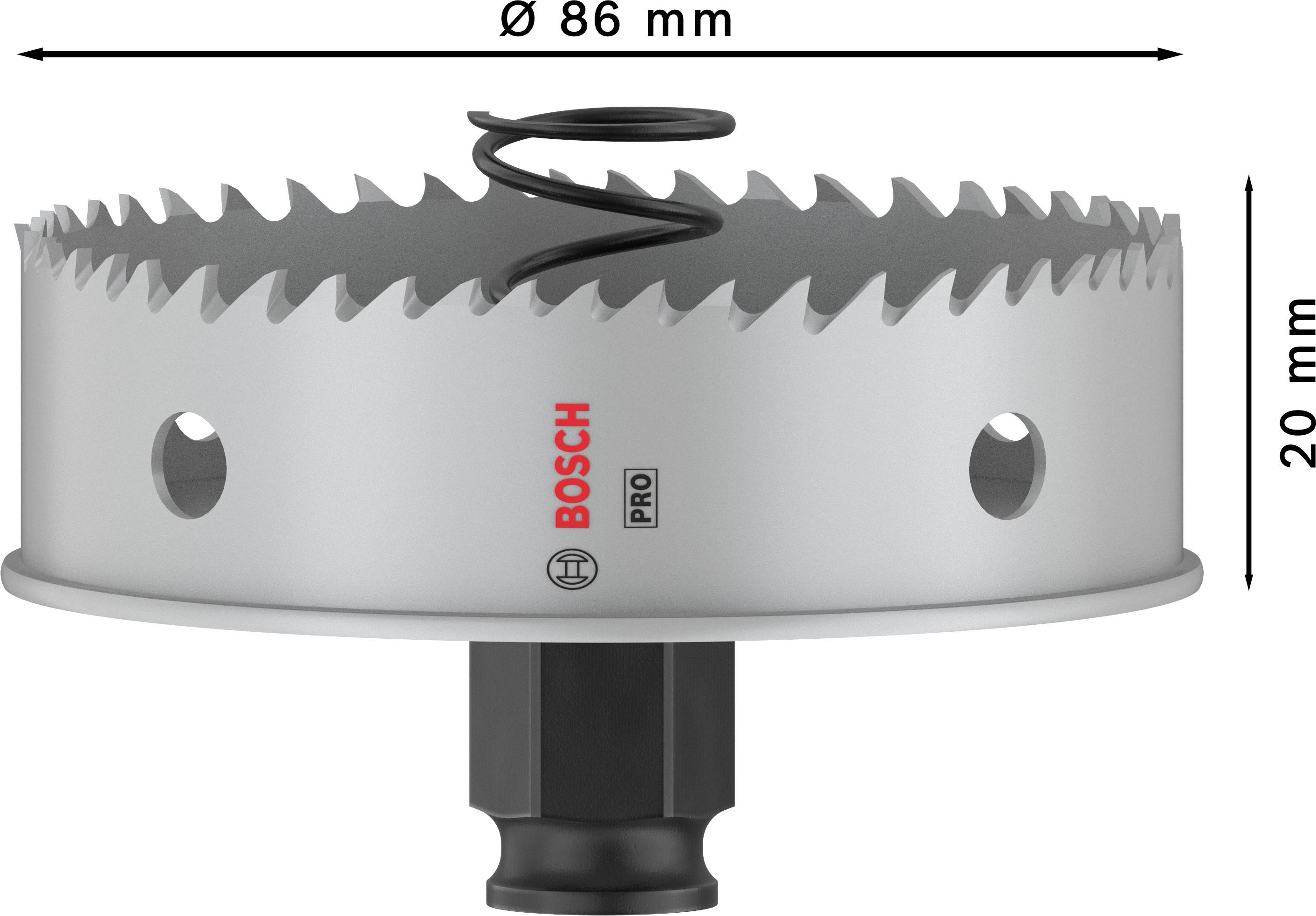 Lochsäge von Bosch, Durchmesser 86 mm, Höhe 20 mm, graue Farbe, mit scharfen Zähnen und zentral befestigtem Stift.