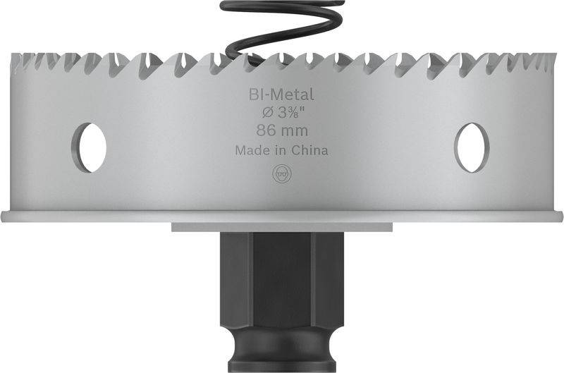Bohrkrone aus Bi-Metall mit einem Durchmesser von 86 mm, hergestellt in China. Sie hat gezackte Kanten und zwei seitliche Öffnungen.