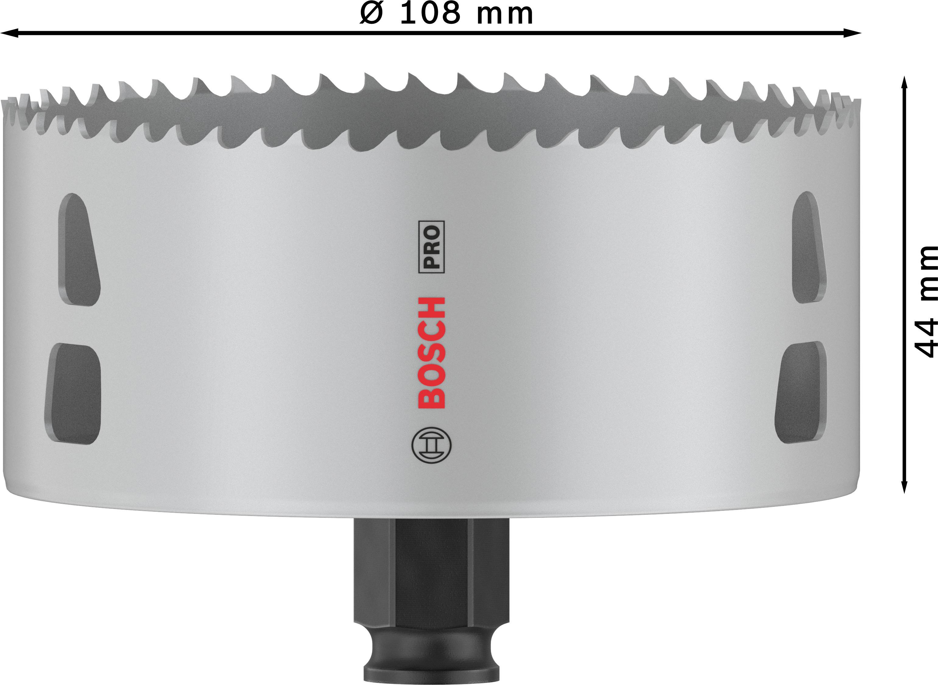 Bild einer Lochsäge von Bosch mit 108 mm Durchmesser und 44 mm Höhe.