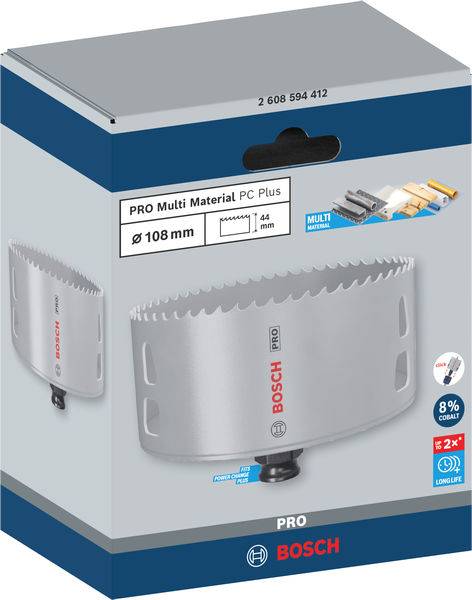 Verpackung einer Bosch Lochsäge 'PRO Multi Material PC Plus', Durchmesser 108 mm, geeignet für verschiedene Materialien.