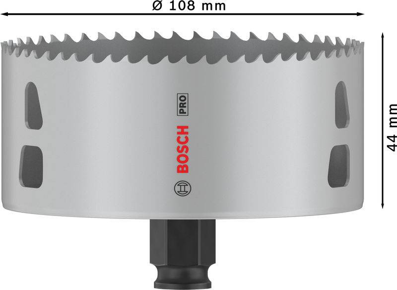 Abgebildet ist eine Bosch Pro Lochsäge mit einem Durchmesser von 108 mm und einer Höhe von 44 mm. Sie ist für Metall geeignet.
