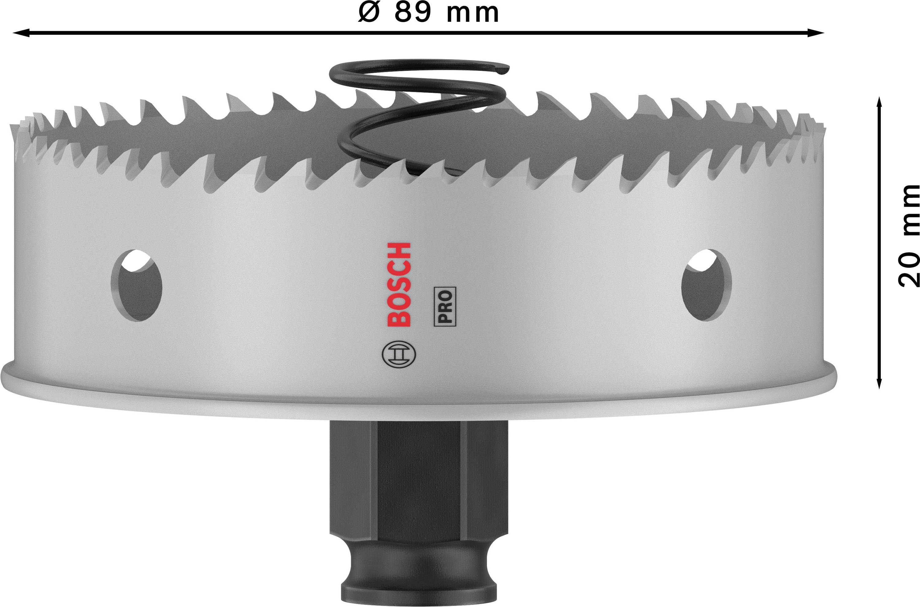 Metallsägekrone mit 89 mm Durchmesser, 20 mm Höhe, geeignet für professionelle Anwendungen. Markenname und Spiralbohrer sichtbar.