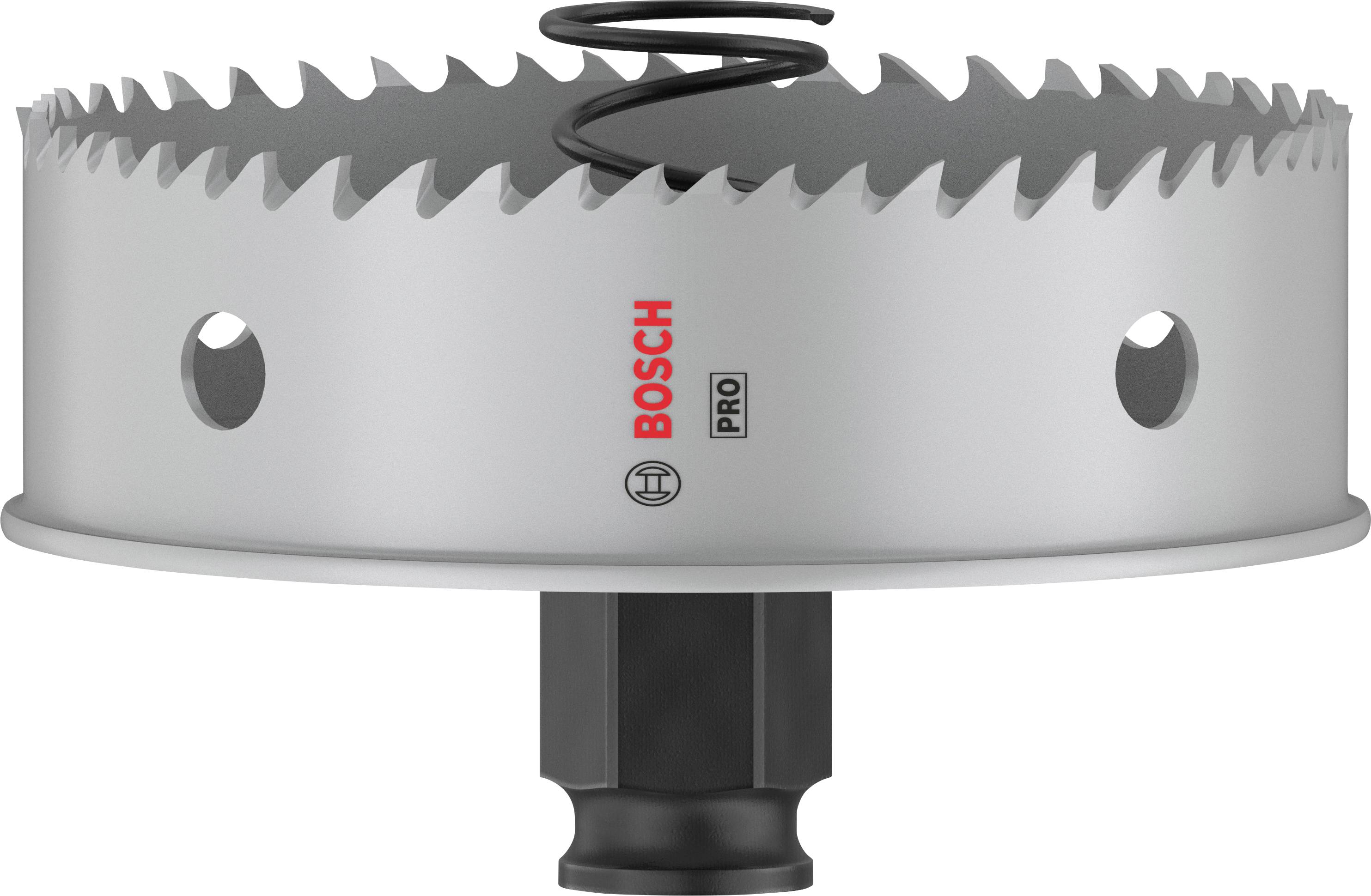Bohrkrone mit gezackten Schneidzähnen und Aufdruck der Marke. Verwendet zum Schneiden von Löchern in Materialien.