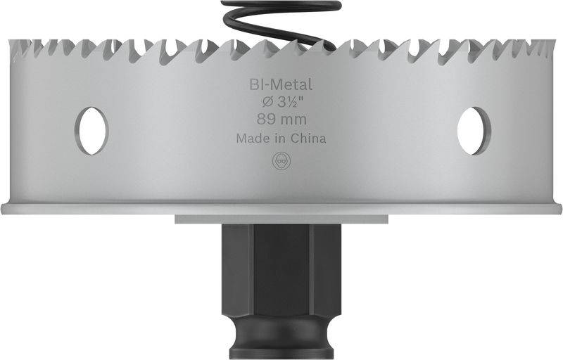 Nahaufnahme eines Bi-Metall-Lochsägeblatts mit einem Durchmesser von 89 mm, mit gezackten Kanten und der Aufschrift 'Made in China'.
