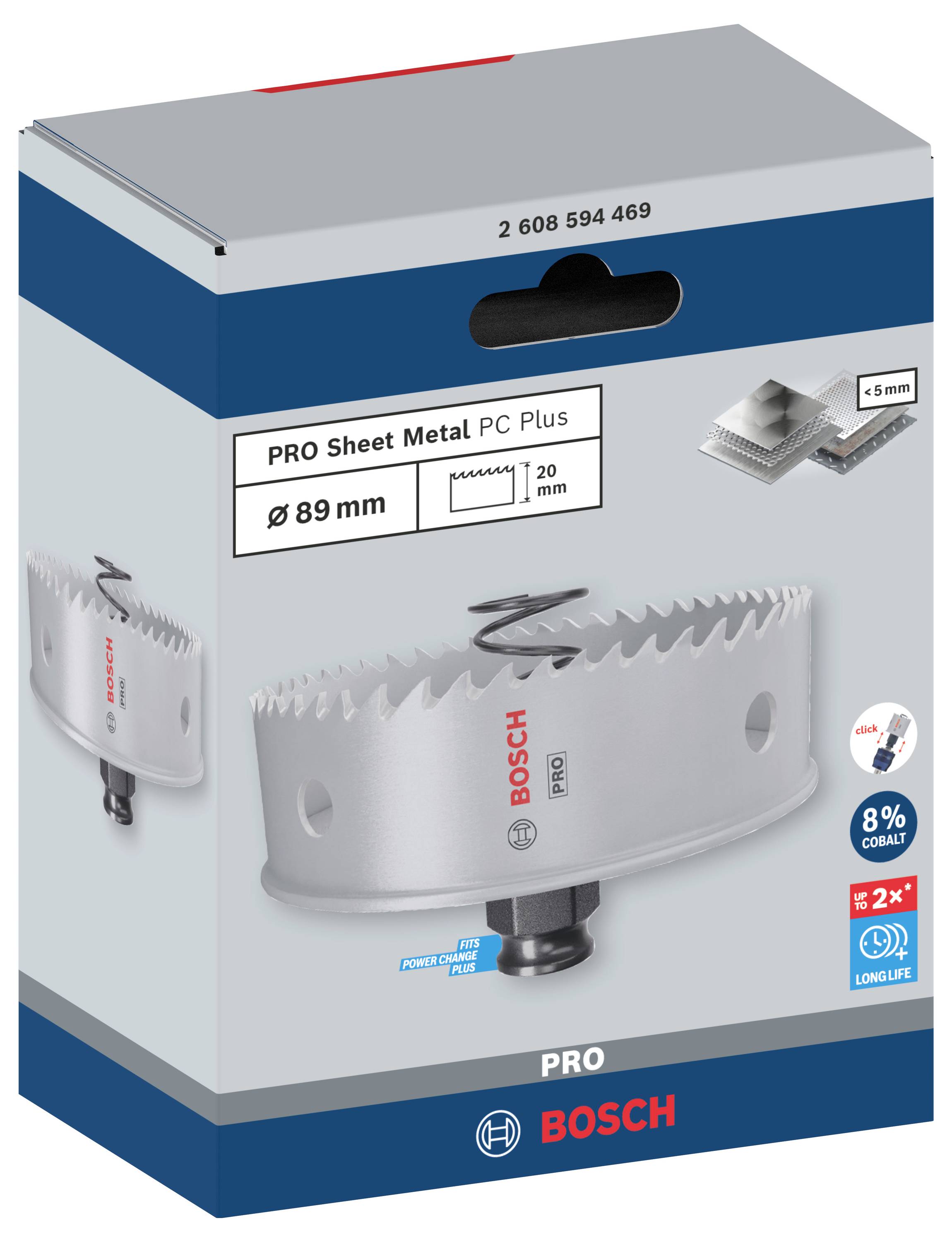 Verpackung einer Bosch Lochsäge, Modell 'PRO Sheet Metal PC Plus', Durchmesser 89 mm, für Blech. Mit Bild der Säge und Logos.