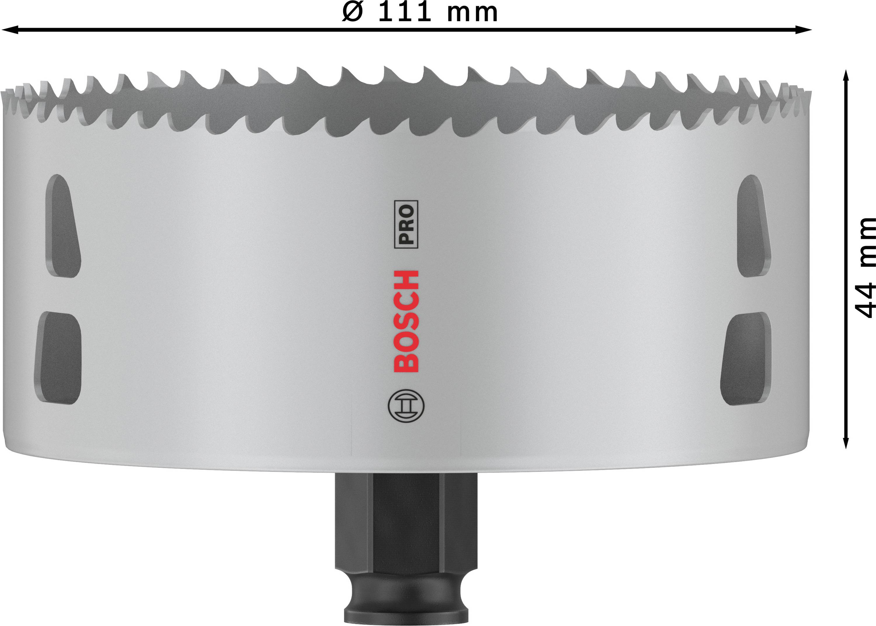 'Sägekrone Bosch Pro' mit einem Durchmesser von 111 mm und einer Höhe von 44 mm. Produkt für professionelle Schneidarbeiten.