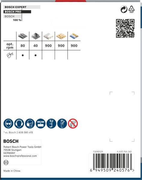 Verpackung einer Bosch Sägeblatt-Serie mit umfassenden Produktinformationen, Symbolen zur Verwendung und QR-Code zur Webseite.
