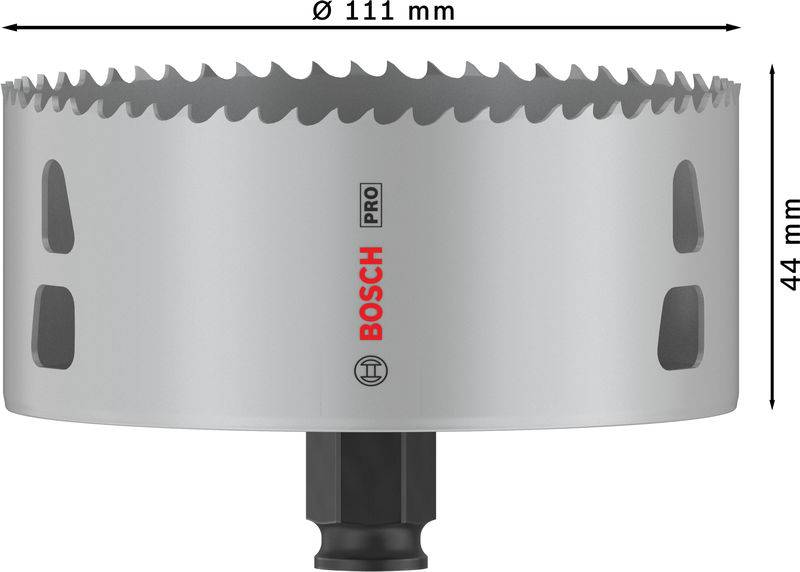 Graue Bosch Lochsäge mit 111 mm Durchmesser und 44 mm Höhe, geeignet für professionelle Anwendungen.