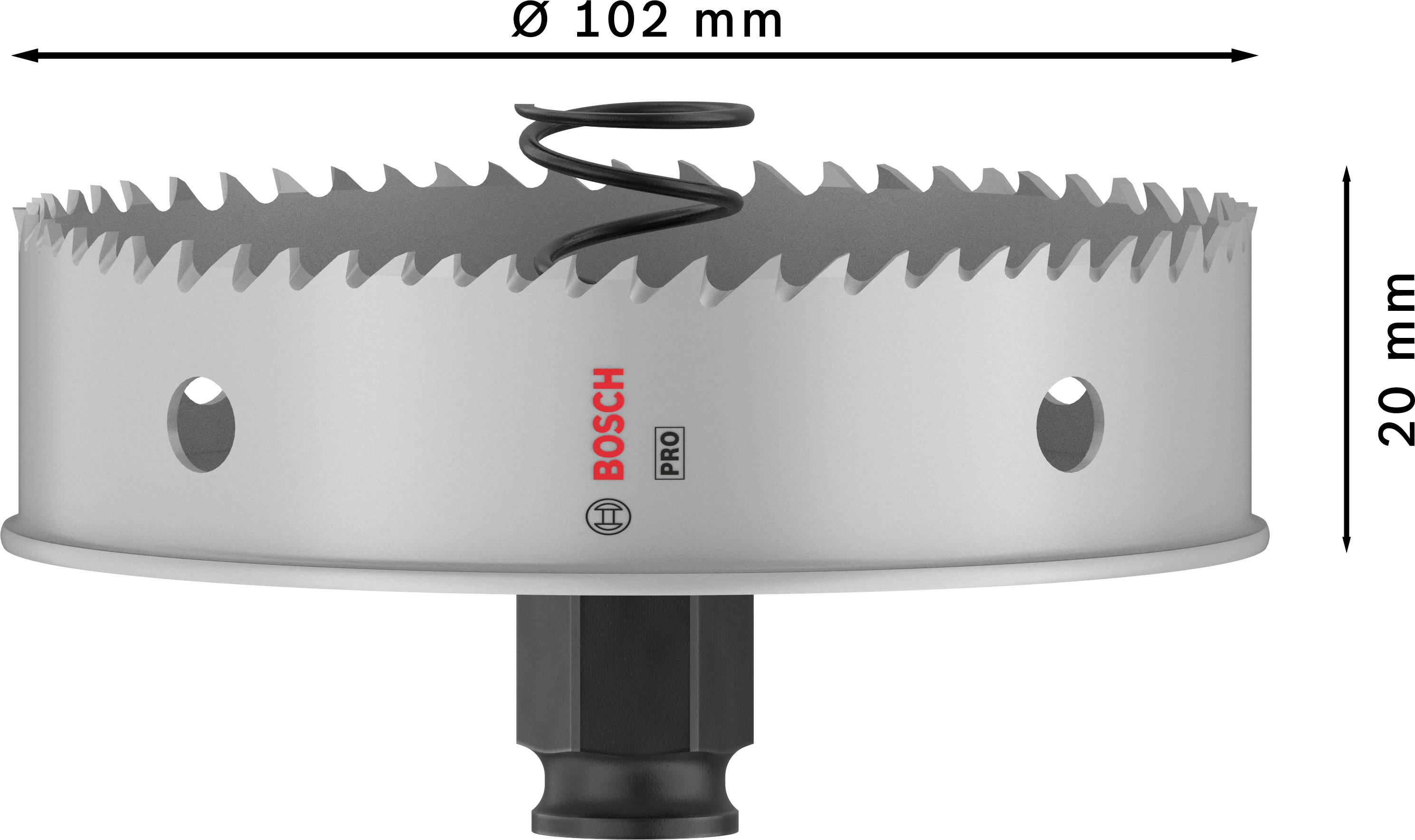 Bosch Pro Lochsäge, Durchmesser 102 mm, Höhe 20 mm; gezackte Schneidklinge, geeignet für Metallbearbeitung.