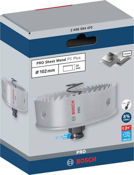Verpackung einer Lochsäge von Bosch für dünne Bleche. Größe: 102 mm. Edelstahl mit 8% Kobaltanteil, geeignet für über 5 mm Stärke.