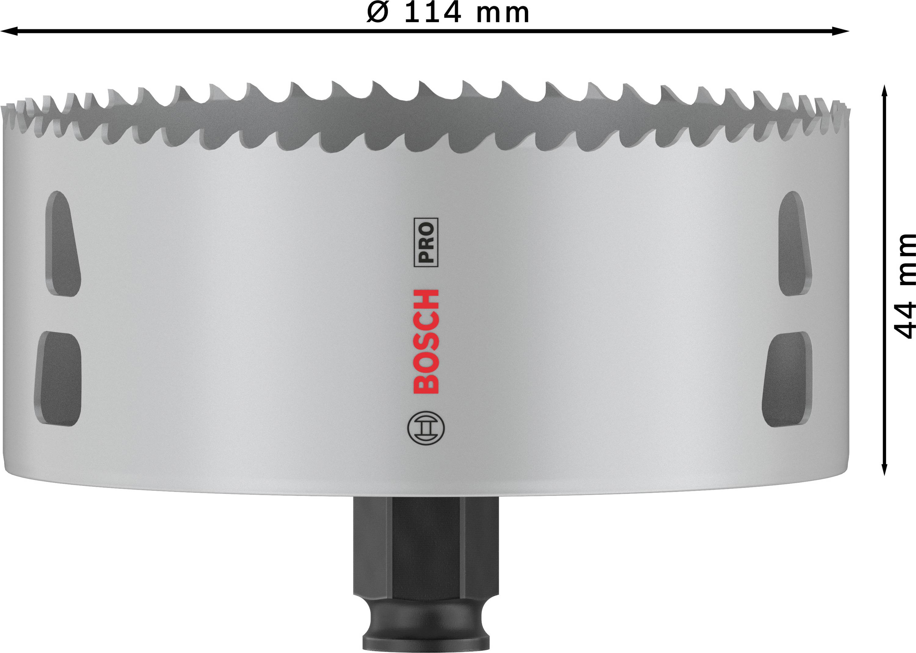Metall-Lochsäge mit einem Durchmesser von 114 mm und einer Höhe von 44 mm, beschriftet mit 'Bosch Pro'.