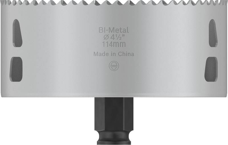 Bohrkrone mit Bi-Metall-Schneidkante, Durchmesser 114mm, für Holz- oder Metallbearbeitung, hergestellt in China.