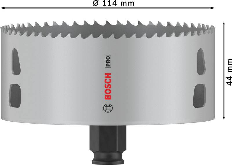 Lochsäge von Bosch, Durchmesser 114 mm, Höhe 44 mm, ideal für präzise Bohrarbeiten.