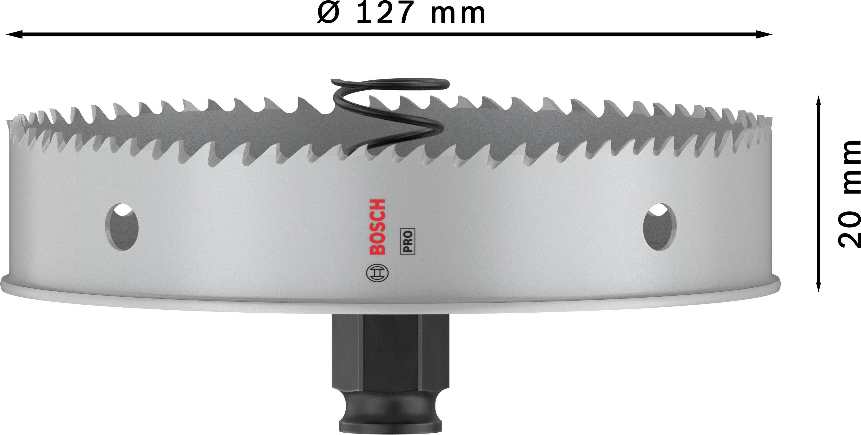 Lochsäge mit 127 mm Durchmesser und 20 mm Höhe, mit scharfen Zähnen und schwarzem Stift oben, Marke Bosch Pro, graues Metall.