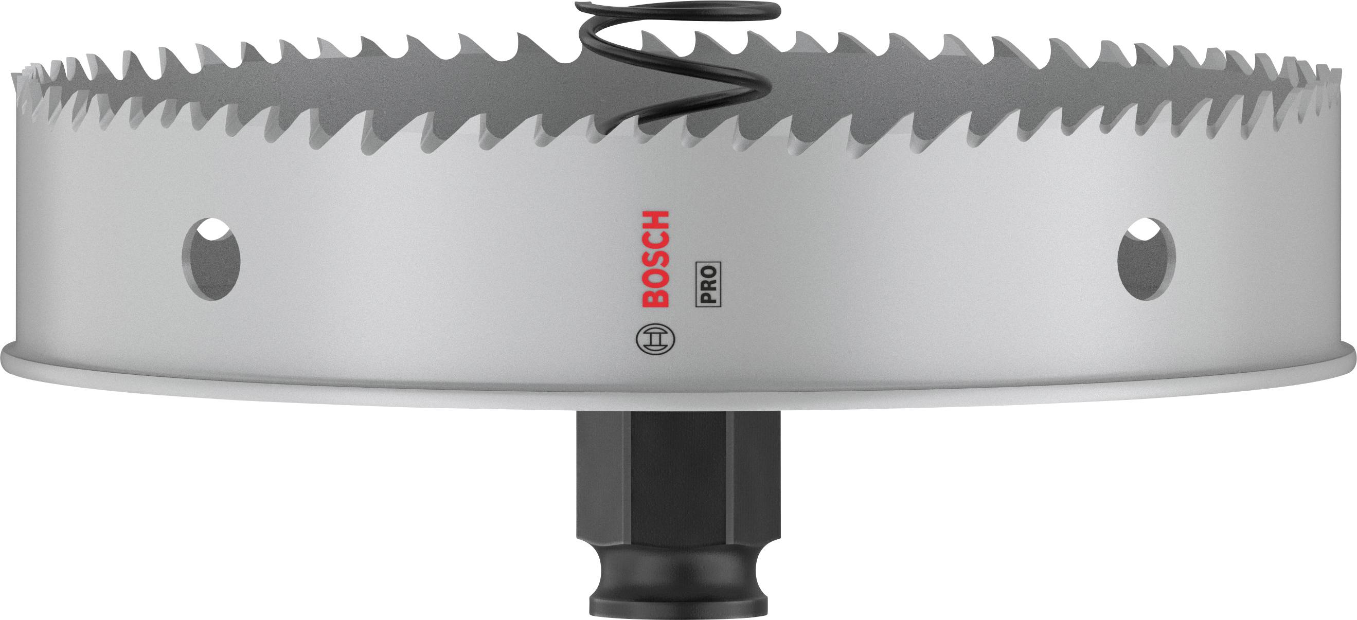 Große runde Lochsäge mit gezackter Kante, Markenname 'Bosch Pro' gut sichtbar. Sie ist für das Bohren großer Löcher in Materialien konzipiert.