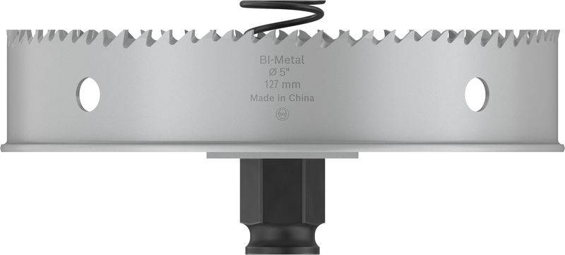 Bi-Metall-Lochsäge, 95 mm, 127 mm Tiefe. Zähne gezackt für effiziente Materialbearbeitung. Schwarze Befestigung unten sichtbar.