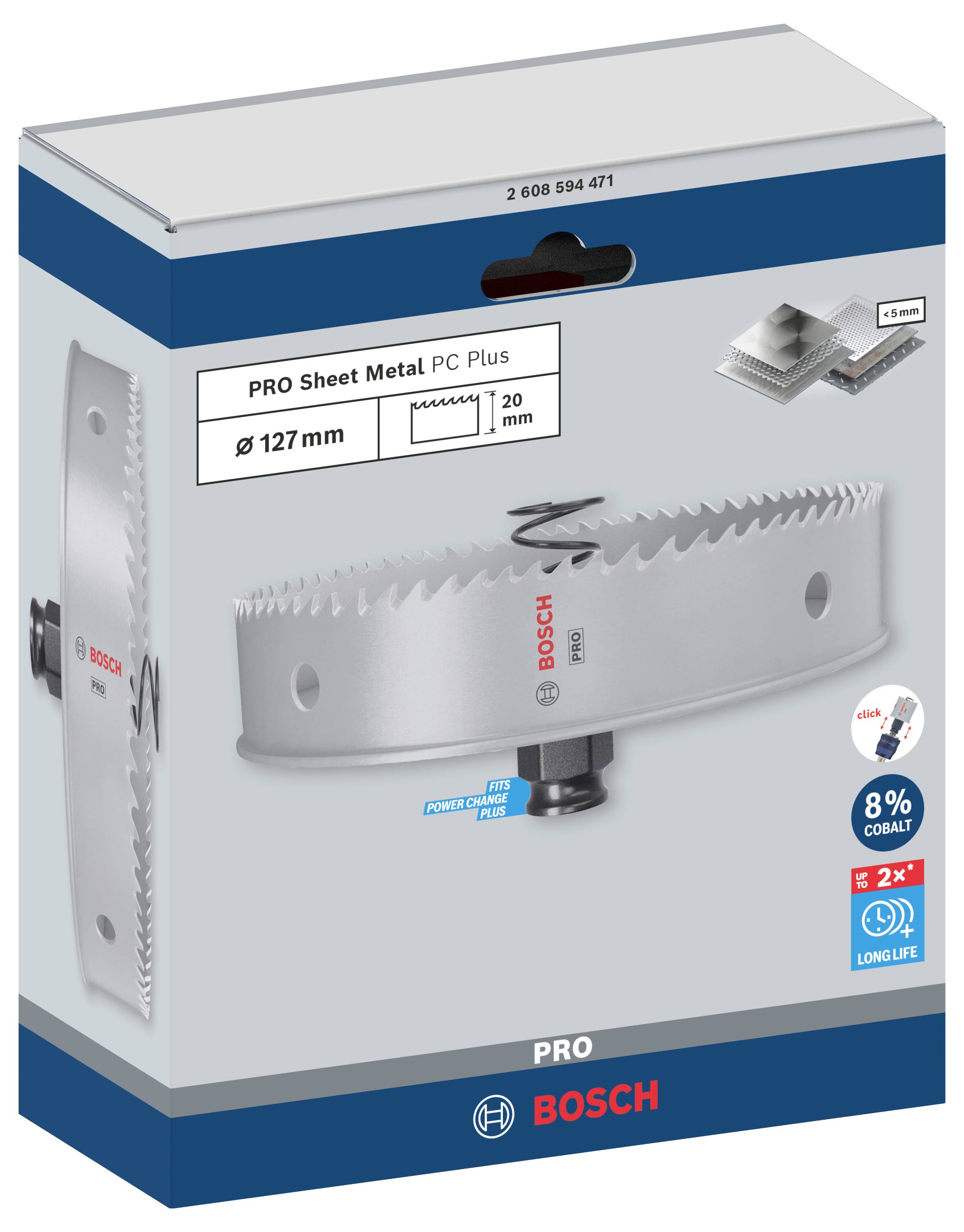 Verpackung einer Lochsäge von Bosch für Profigebrauch, geeignet für Blech. Durchmesser 127 mm, Information zu Material und Technologie enthalten.