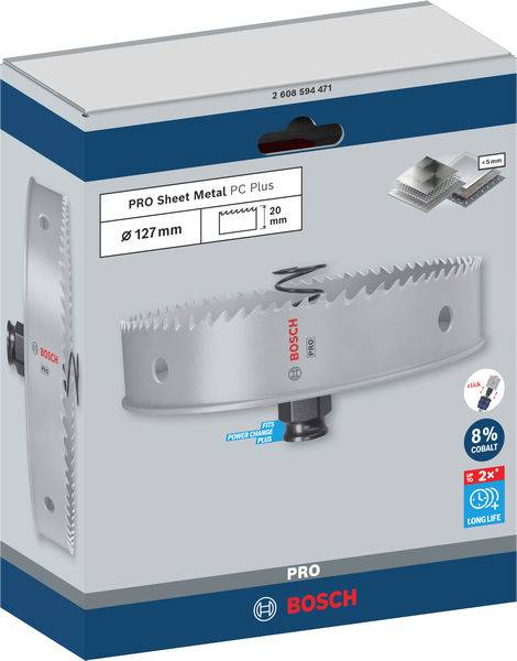 Verpackung einer Bosch Lochsäge für Blech, Durchmesser 127 mm, mit 8% Kobalt für hohe Haltbarkeit. Enthält Bild der Lochsäge.