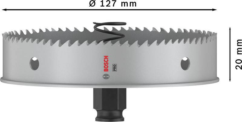 Bohrkrone mit 127 mm Durchmesser und 20 mm Höhe, silber, mit Bosch-Logo. Ideal für präzise Bohrarbeiten.