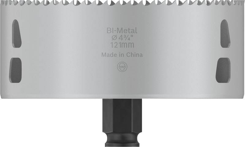 Bohrkrone aus Bi-Metall mit einem Durchmesser von 121 mm, zylindrische Form, geeignet zum Schneiden in verschiedenen Materialien.