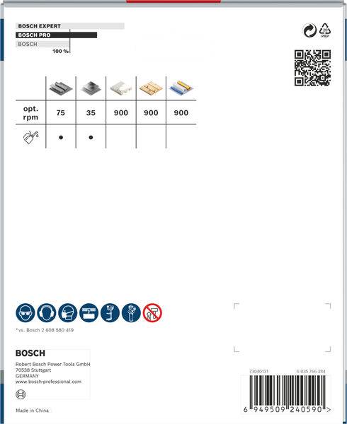 Schnittscheiben für Fliesen, optimierte Umdrehungen: 75, 35, 900, 900, 900. Markenname und QR-Code oben; Herstellerinfo unten.