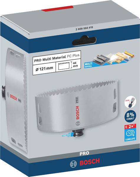 Verpackung einer Bosch PRO Multi Material Lochsäge mit 121 mm Durchmesser. Zeigt Produktabbildung und Hinweise zu Materialien und Lebensdauer.