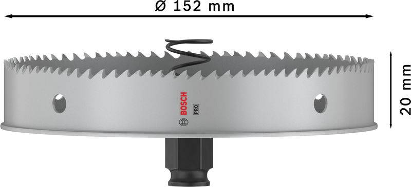 Lochsäge mit 152 mm Durchmesser und 20 mm Höhe, geeignet für präzises Bohren in verschiedenen Materialien.