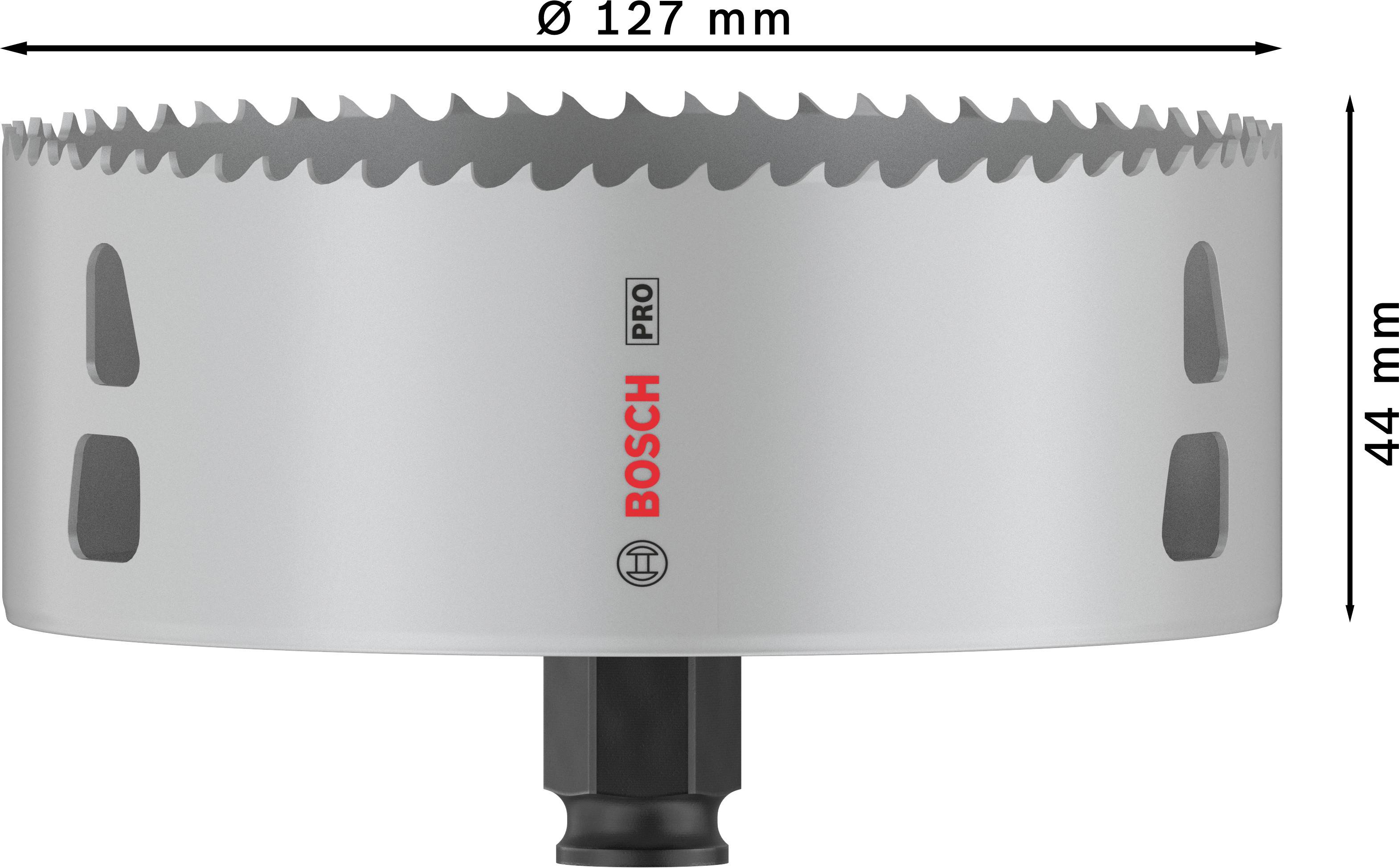 'BOSCH Pro'-Lochsäge mit 127 mm Durchmesser und 44 mm Tiefe, abgebildet von der Seite mit sichtbarem Beschriftung und Zähnen.