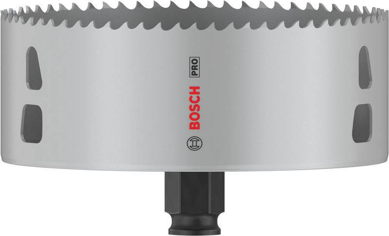 Metallsägekrone mit scharfen Zähnen und schwarzem Befestigungsadapter, Marke 'Bosch Pro'. Geeignet für präzise Schnitte in Metall.