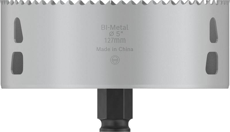 Bohrkrone aus Bi-Metall, Durchmesser 127 mm, Beschriftung 'Made in China'. Verwendet für große Bohrausschnitte in verschiedenen Materialien.