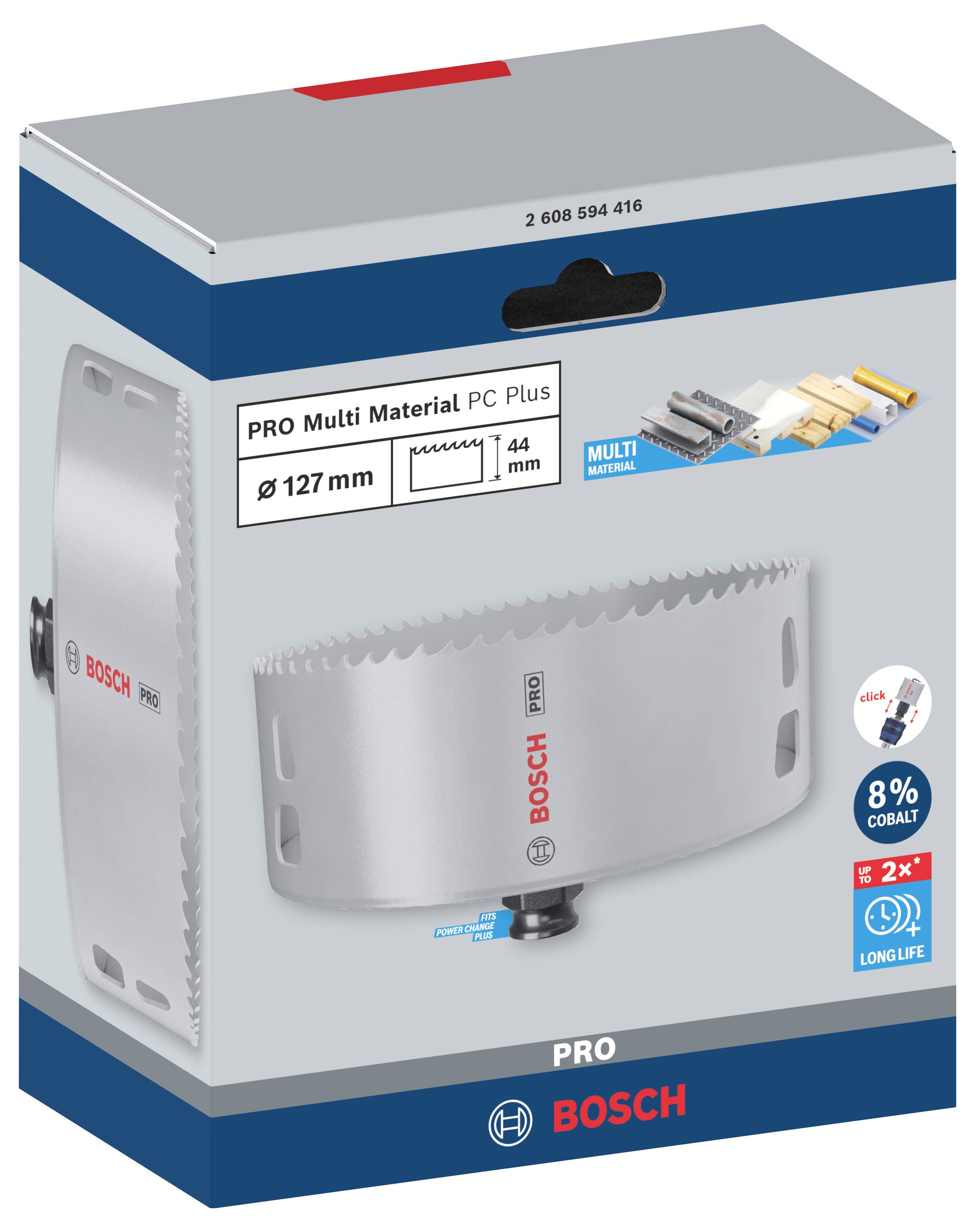 Verpackung eines Bosch Sägeblatts mit 127 mm Durchmesser, geeignet für Multi-Materialien; enthält Logo und Hauptmerkmale wie 8% Kobaltanteil.