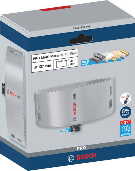 Eine graue Bosch Verpackung für eine Lochsäge 'PRO Multi Material PC Plus', Durchmesser 127 mm, mit Bild der Säge und Anwendungsbeispielen.
