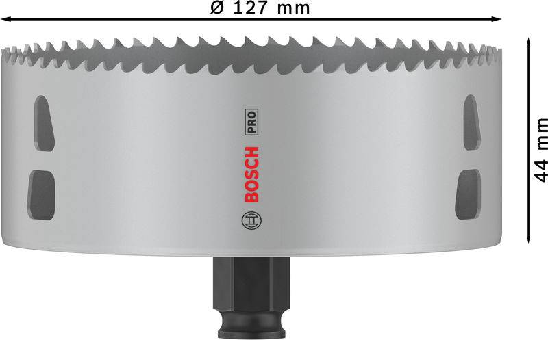 Metall-Lochsäge mit einem Durchmesser von 127 mm und einer Höhe von 44 mm. Geeignet für präzises Bohren in verschiedenen Materialien.