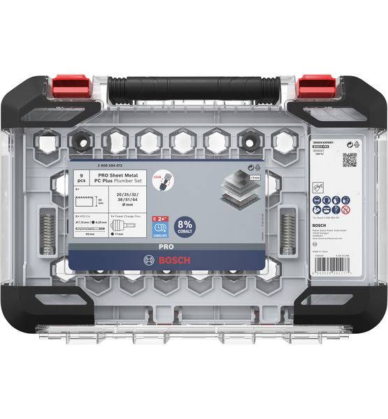 Set mit PRO Metallbohrern von Bosch, in durchsichtiger Kunststoffbox mit Etikett, das Größen und Details der Bohrer zeigt.