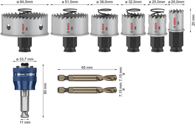 Satz von sechs Lochsägen in verschiedenen Größen mit 11 mm Adapter und zwei Bohrern. Größen: 64 bis 20 mm, Adapter: 33,7 mm.